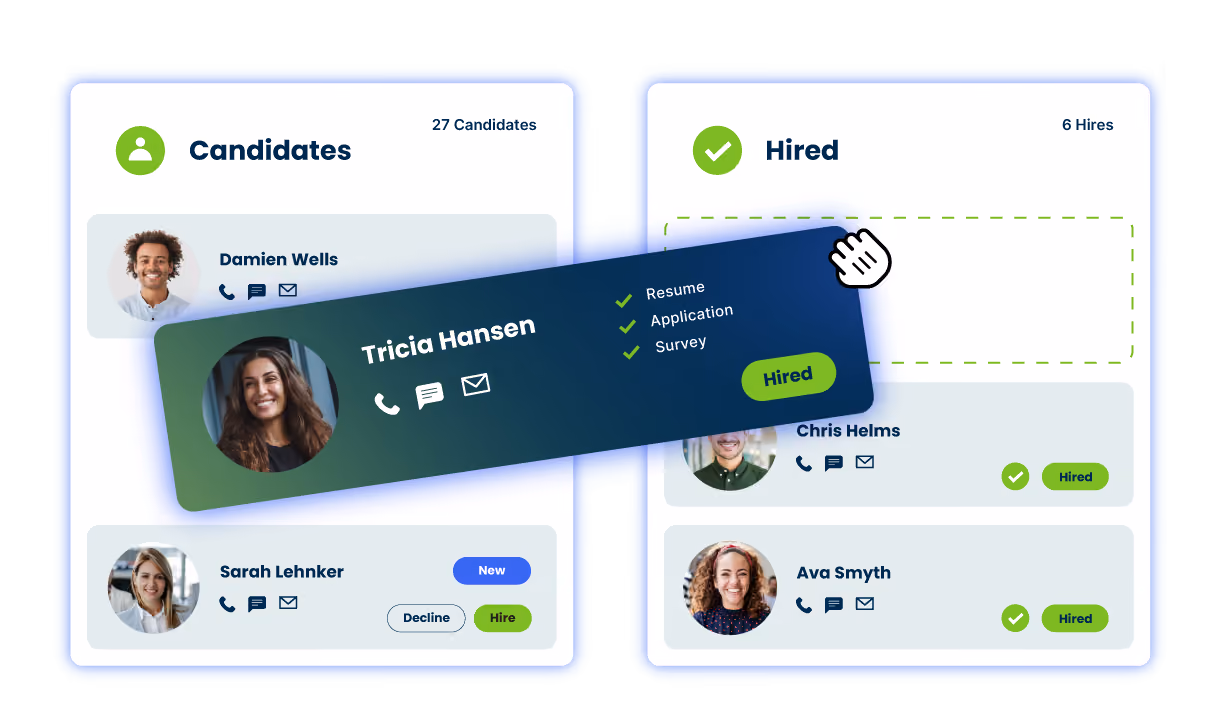 Dashboard showing candidates on left and hired on right with drag-and-drop of candidate Tricia Hansen.