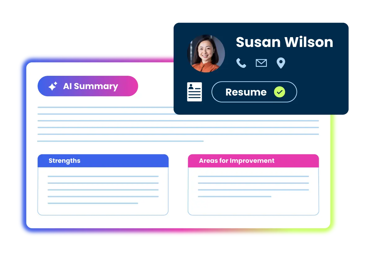AI summary interface showing Susan Wilson's profile with strengths and areas for improvement sections.