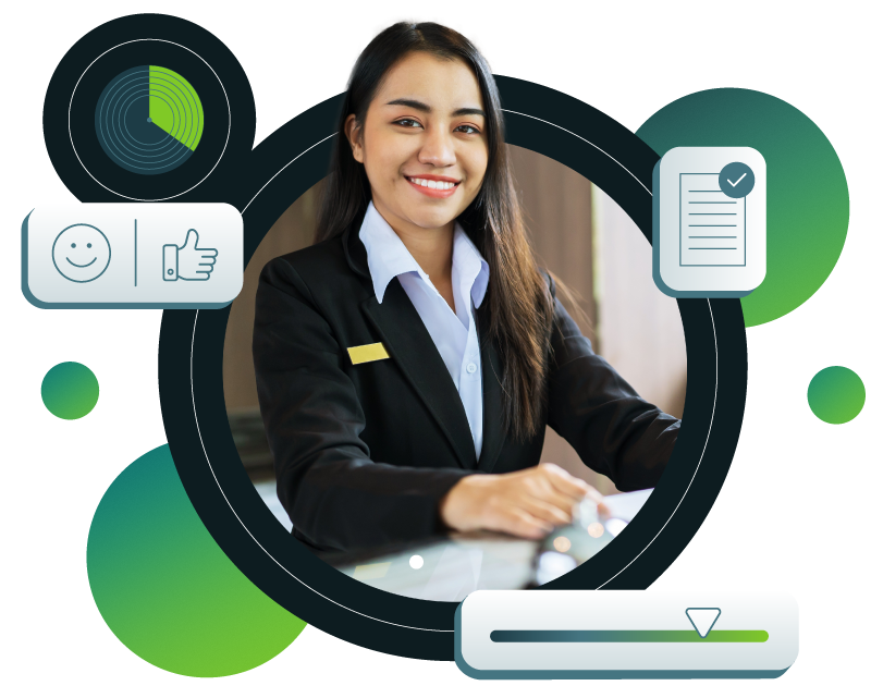 Smiling hospitality worker in black suit with white shirt at a desk with icons around her.
