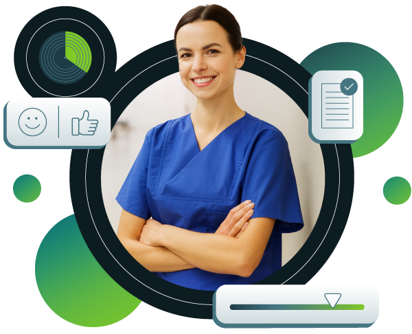 Smiling female healthcare worker in blue scrubs with arms crossed, surrounded by icons and charts.