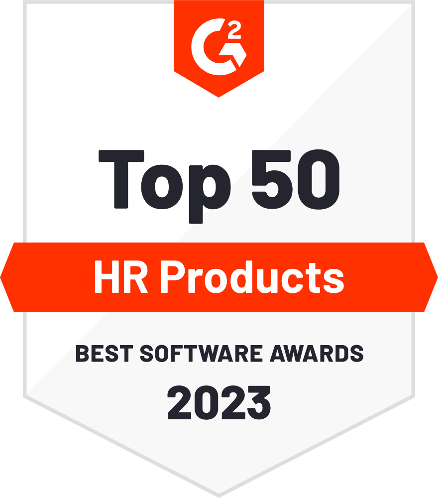 G2 badge — Top 50 HR Products, Best Software Awards 2023