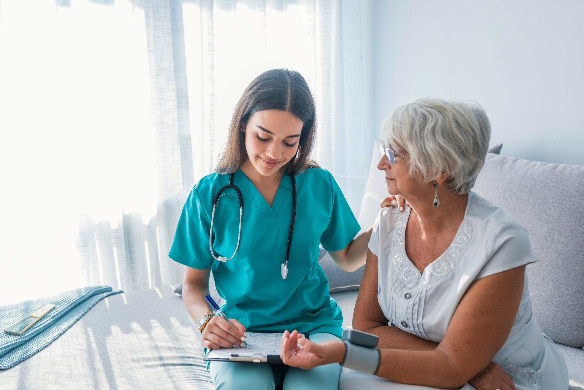 Healthcare professionals walking through a facility