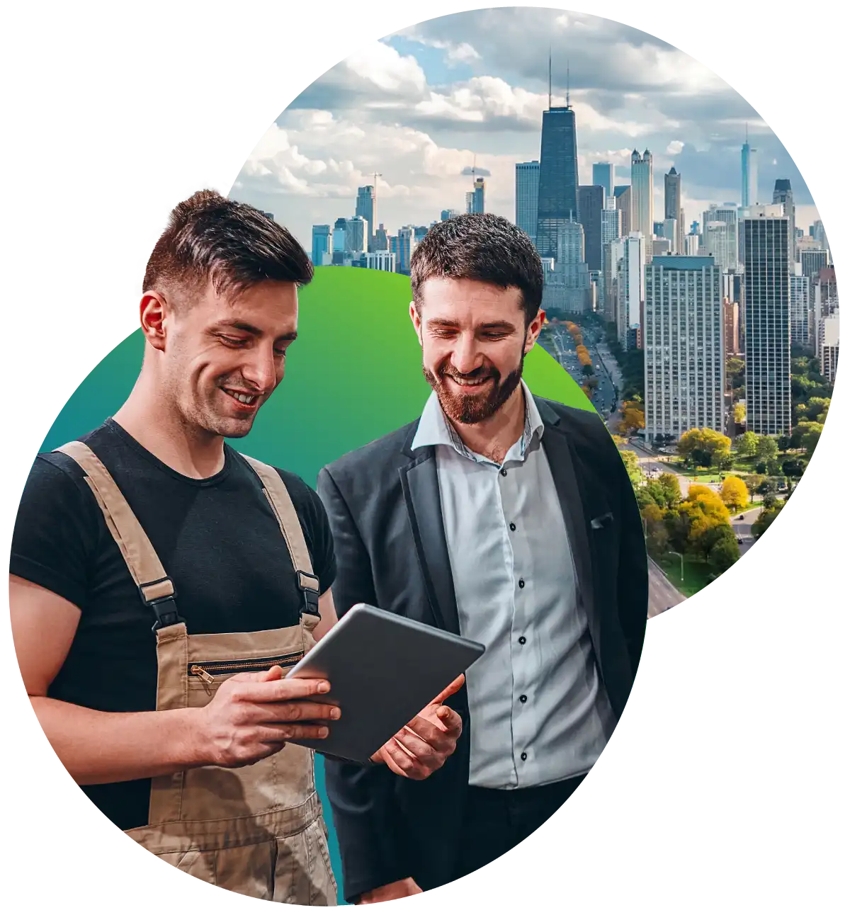 Two men smiling while looking at a tablet with a city skyline backdrop and green graphic.