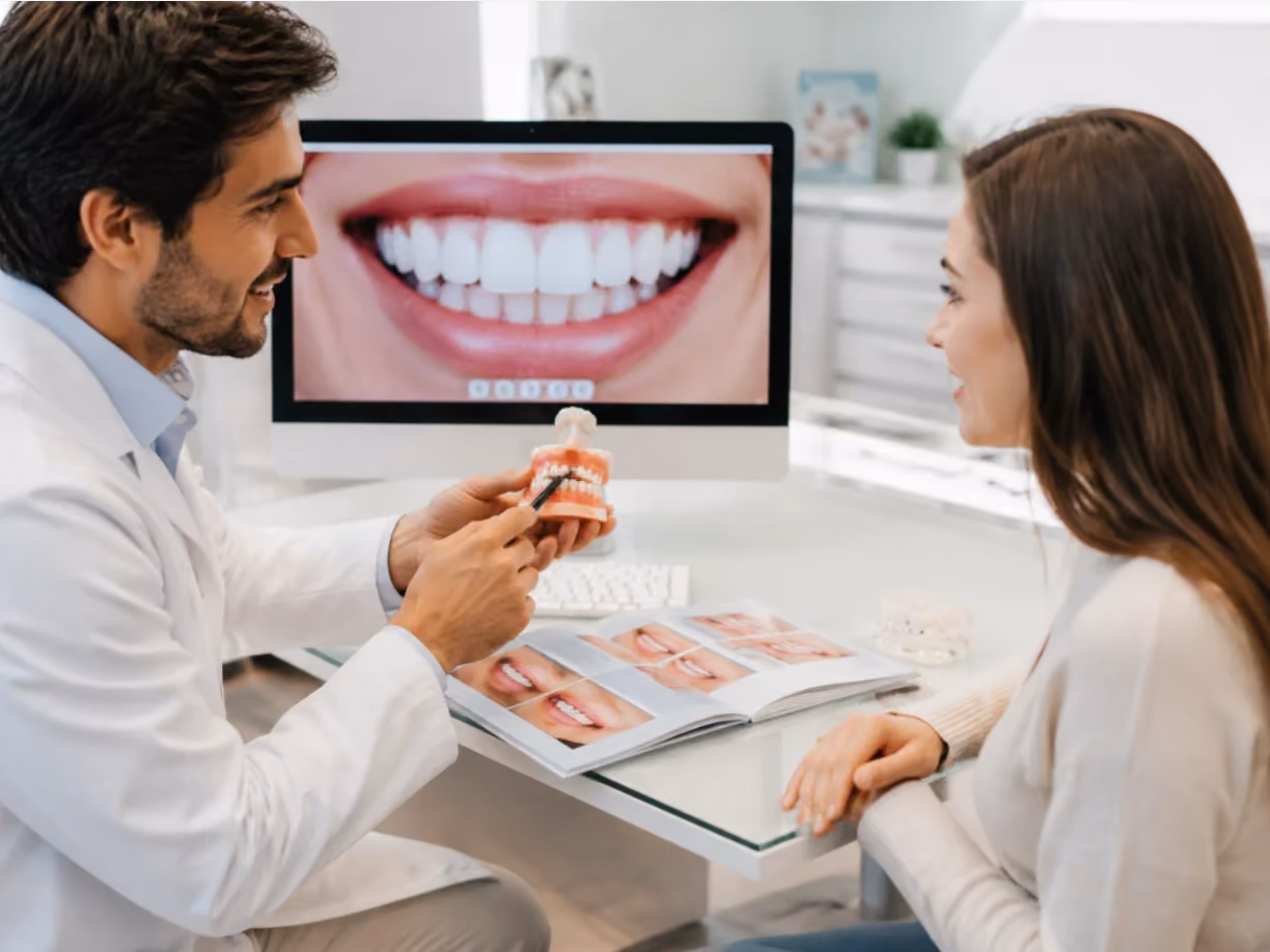 Dentist explaining dental model to female patient with smiling teeth shown on screen behind them.