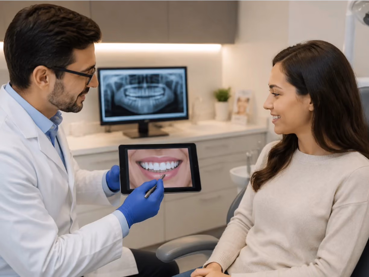 Dentist showing a dental image on a tablet to a smiling female patient in a clinic.
