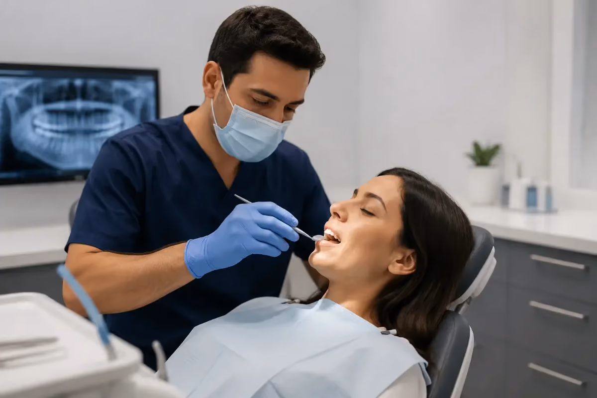 Dentist wearing mask and gloves examining a female patient's teeth in a dental office.