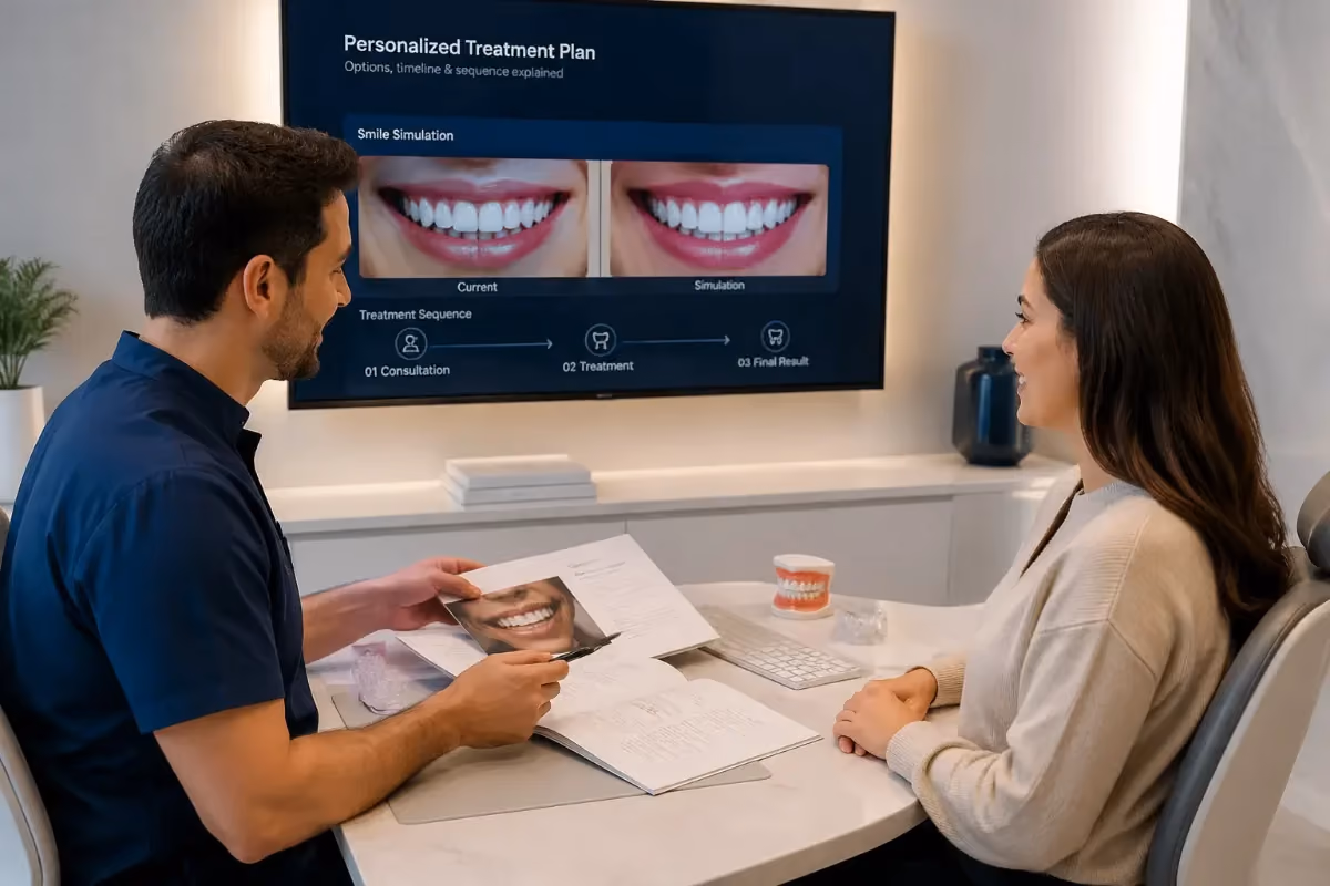 Dentist explaining a personalized treatment plan with smile simulation images to a female patient.