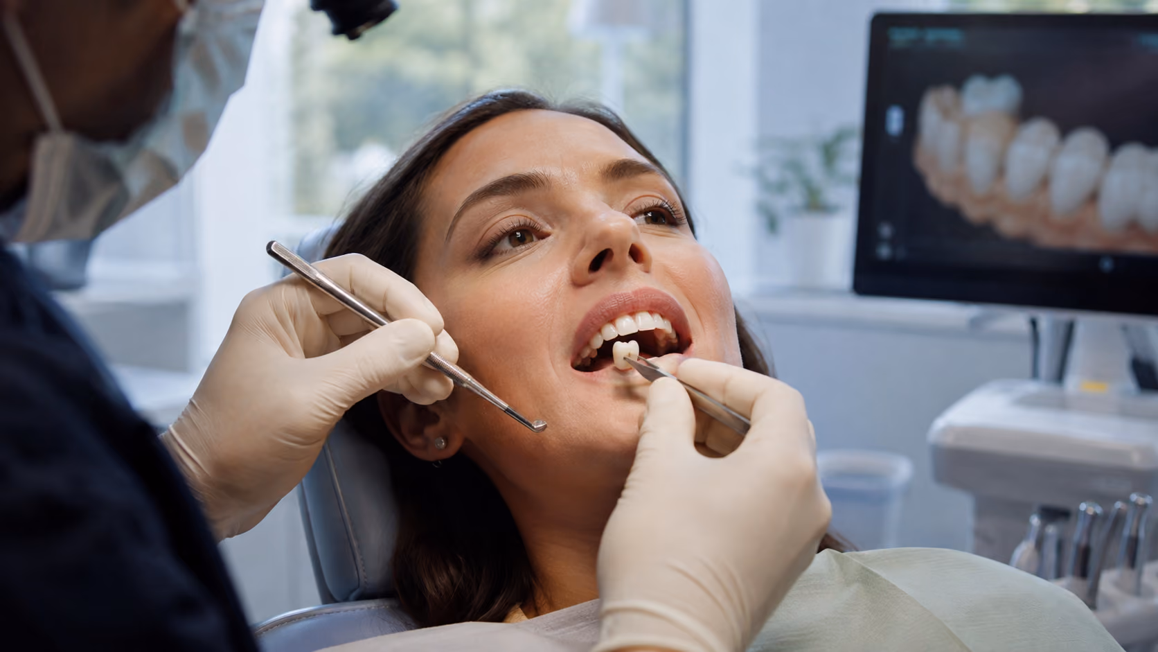 Dentist wearing gloves placing a ceramic crown in a woman's mouth at a dental office.