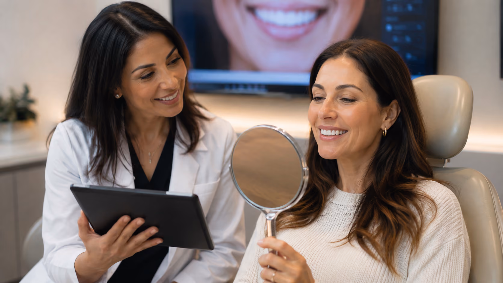 Smiling woman holding mirror while a female dentist beside her shows results on a tablet.