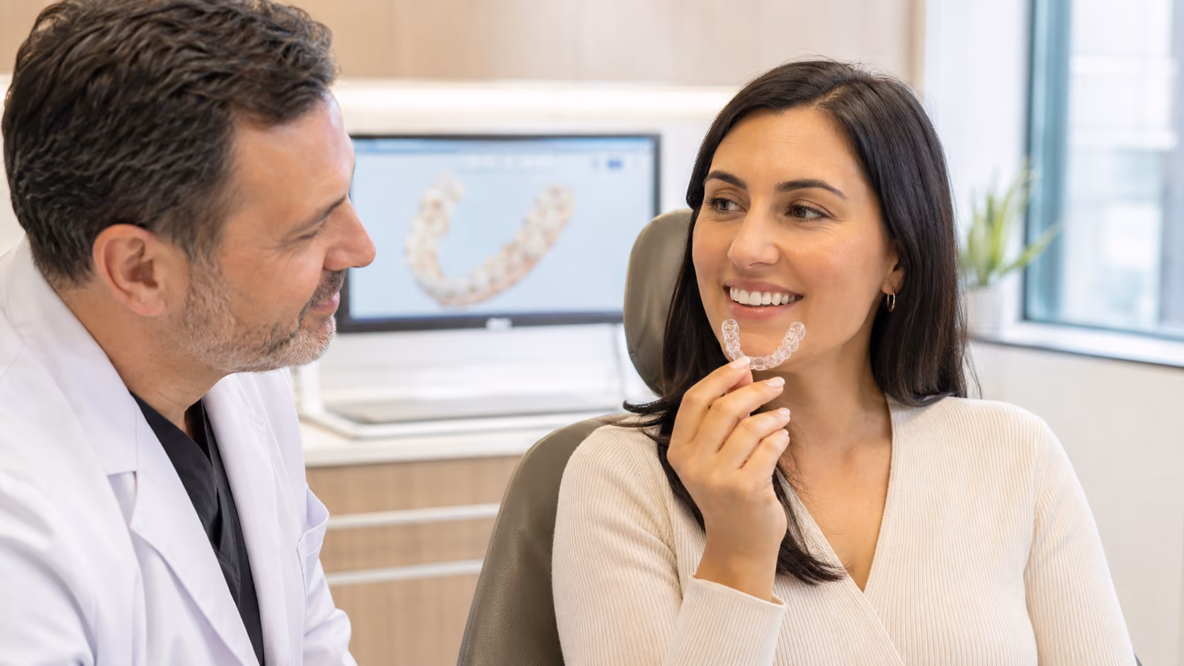 Woman holding a clear dental aligner smiling at a male dentist in an office with a tooth scan on screen.