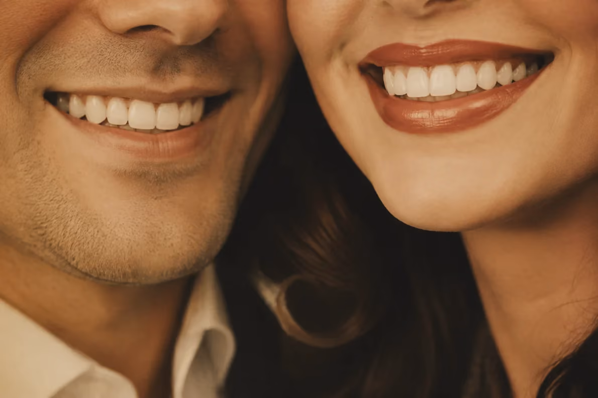 Close-up of a smiling man and woman showing their white teeth.