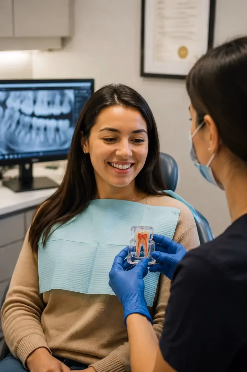 Dentist explains tooth anatomy to smiling woman sitting in dental chair wearing a bib.