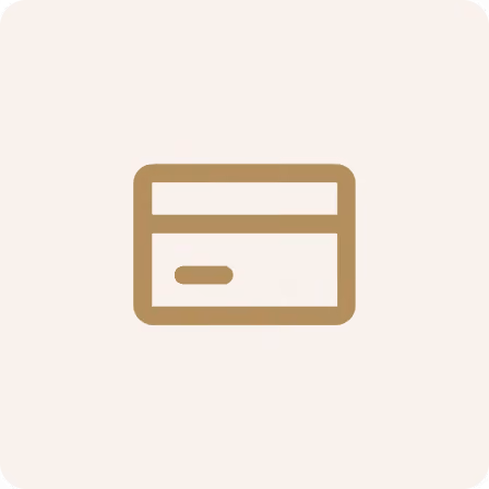 Simple brown credit card icon on a light beige background.