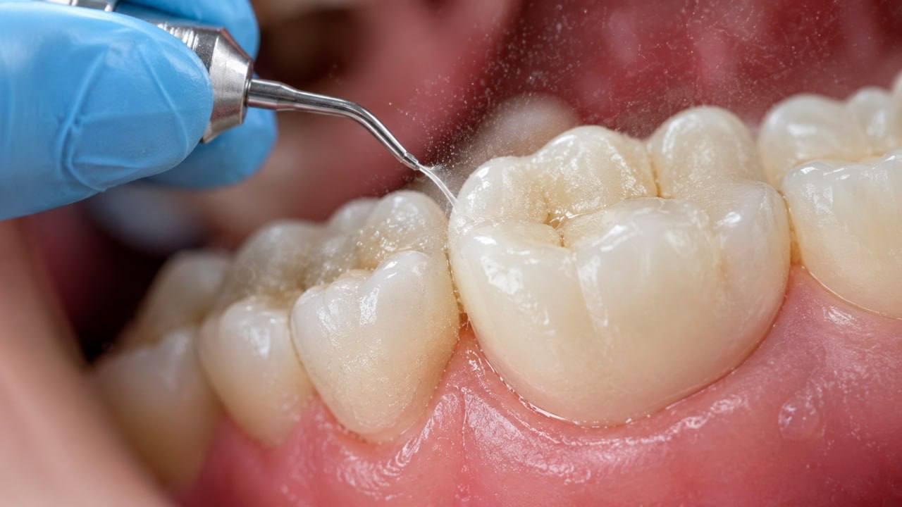 Dentist cleaning teeth with ultrasonic tool