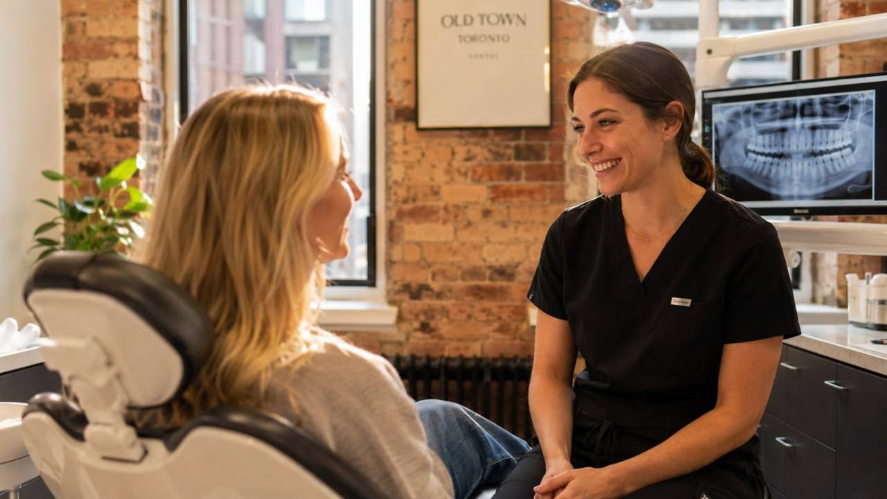 Dental hygienist talking with relaxed patient