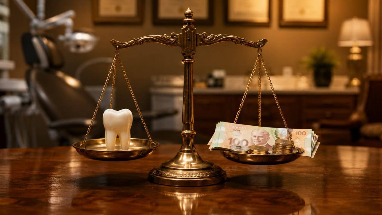 Tooth and Canadian money balanced on scales