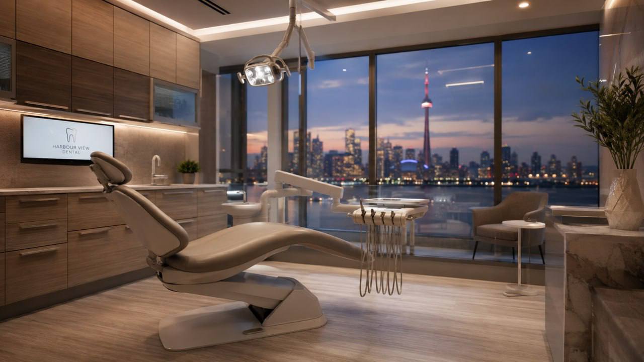 Modern dental clinic with Toronto skyline