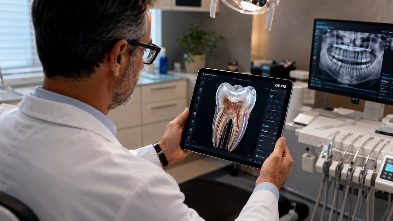 Dentist reviewing a 3D tooth scan