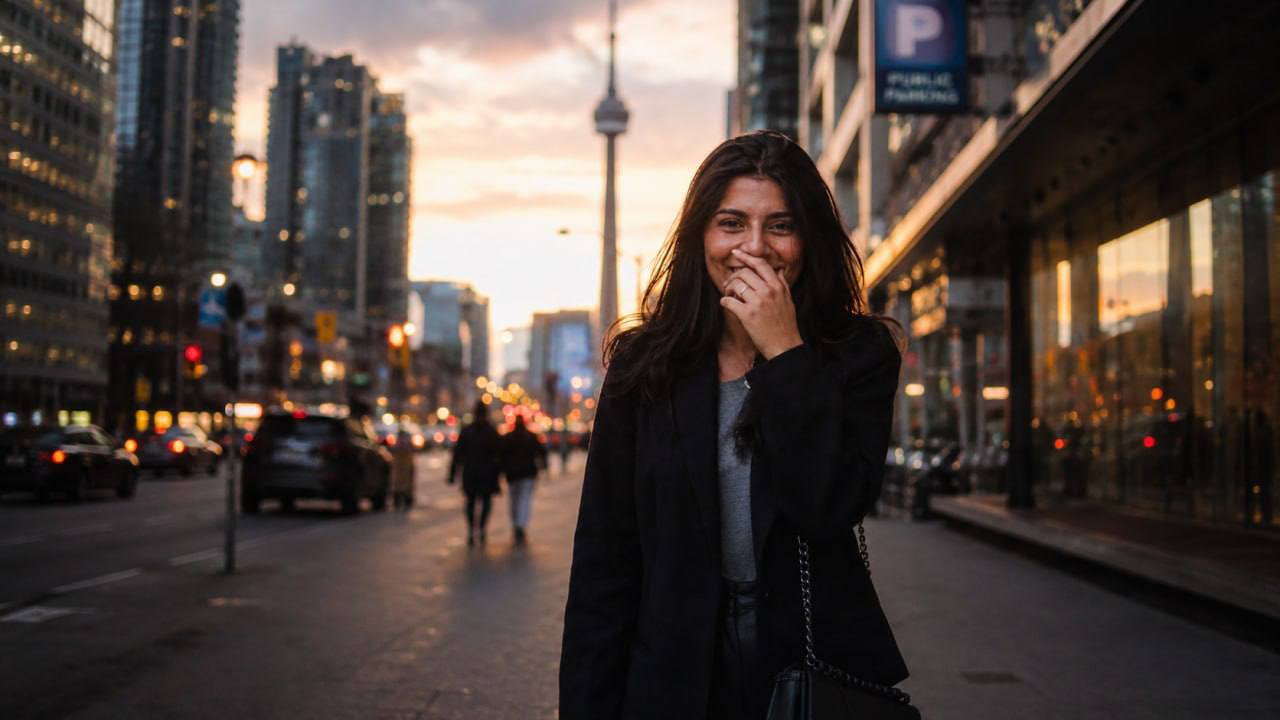 Woman smiling in downtown Toronto