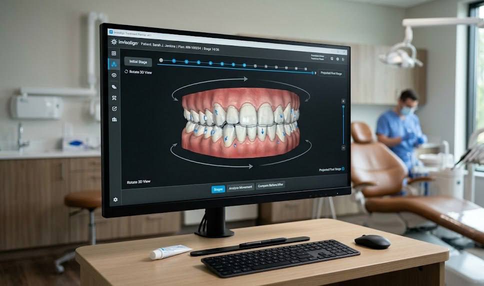 Clear aligner treatment plan on screen