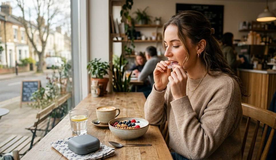 Woman wearing clear aligners at café