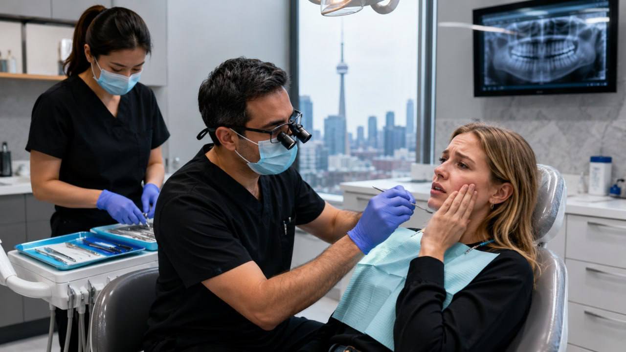 Dentist examining patient with tooth pain