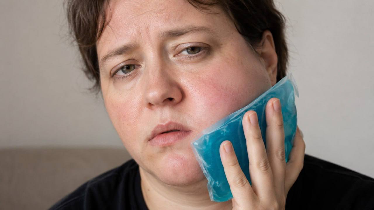 Woman using ice pack for tooth pain