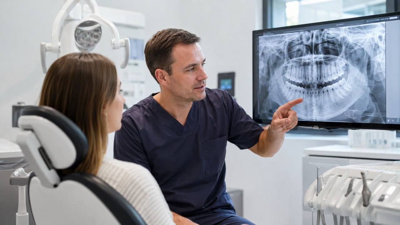 Dentist reviewing dental X-ray with patient