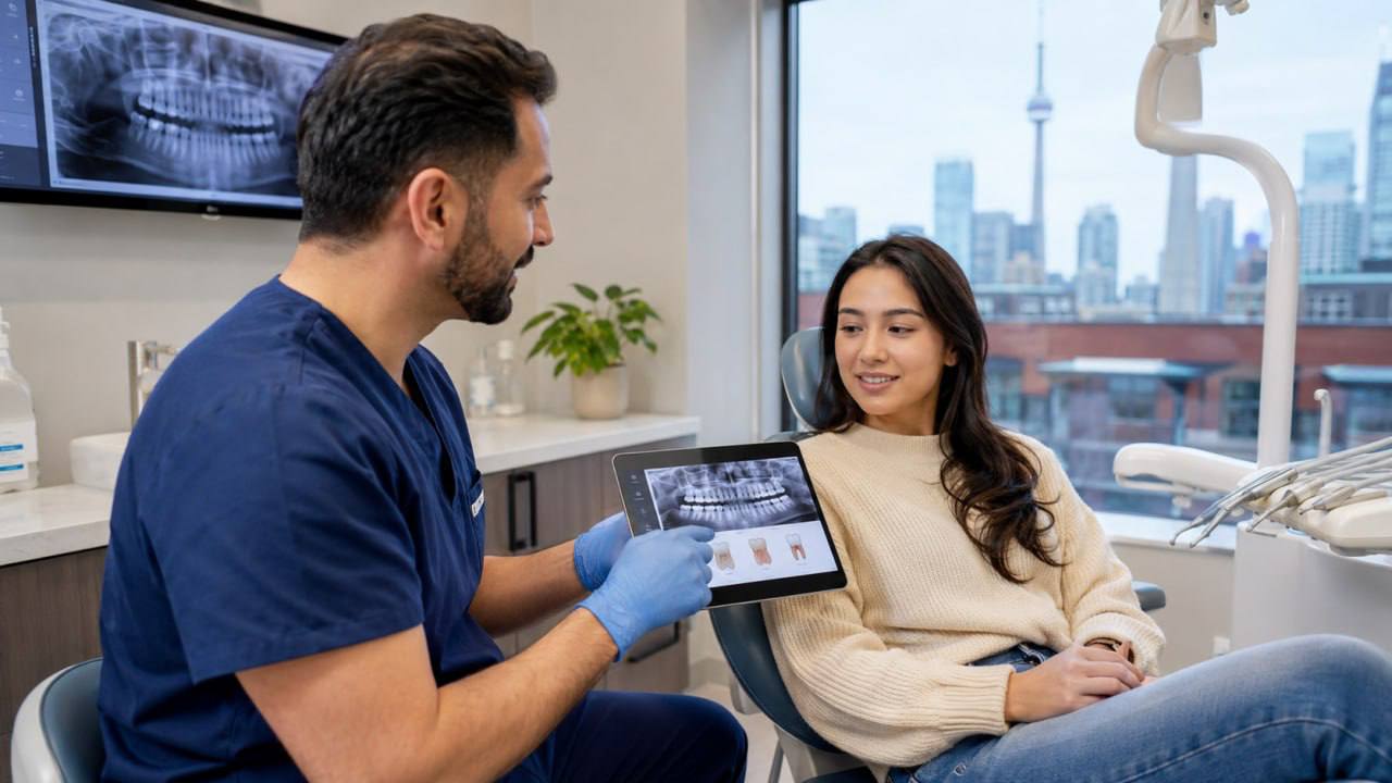 Dentist explaining wisdom tooth X-ray to patient