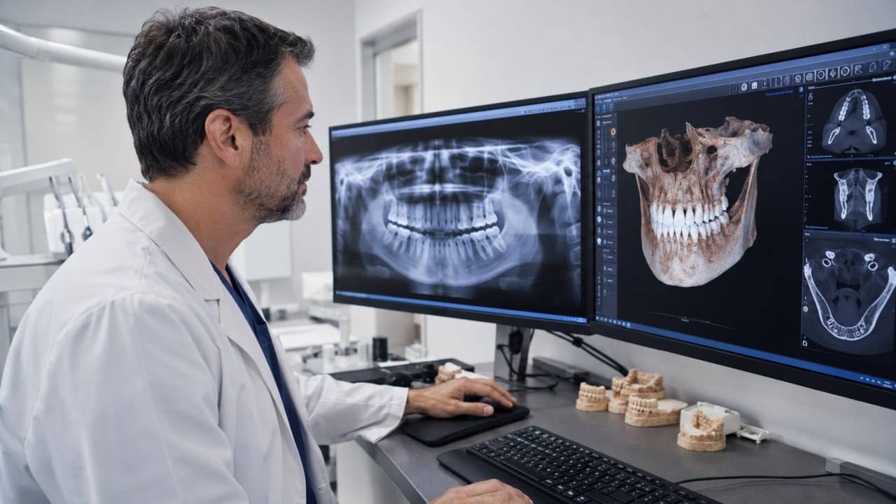 Dentist reviewing 3D wisdom tooth scan
