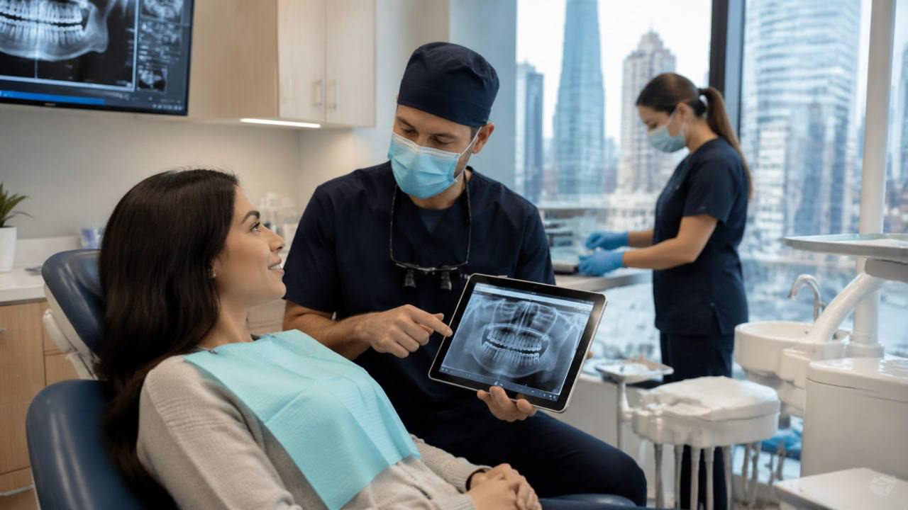 Dentist showing dental X-ray to patient