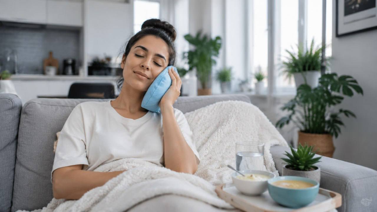 Woman using ice pack after dental treatment
