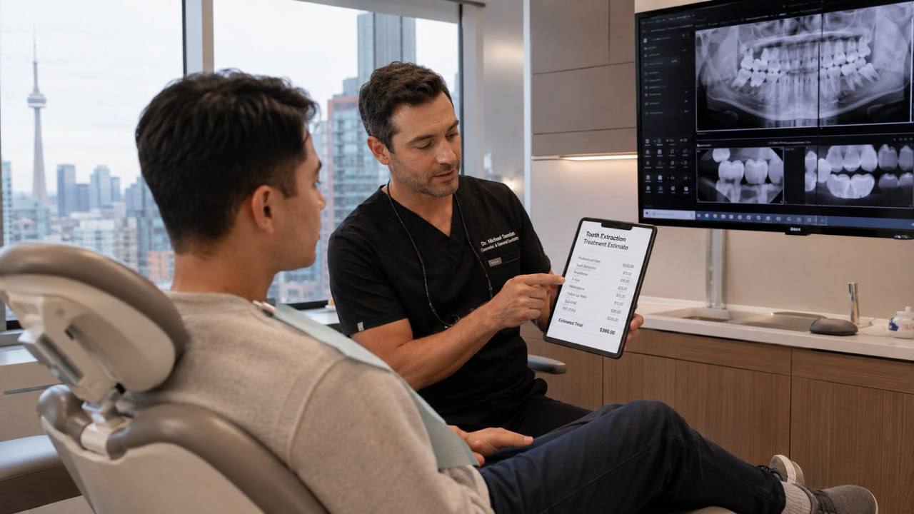 Dentist explaining extraction cost estimate