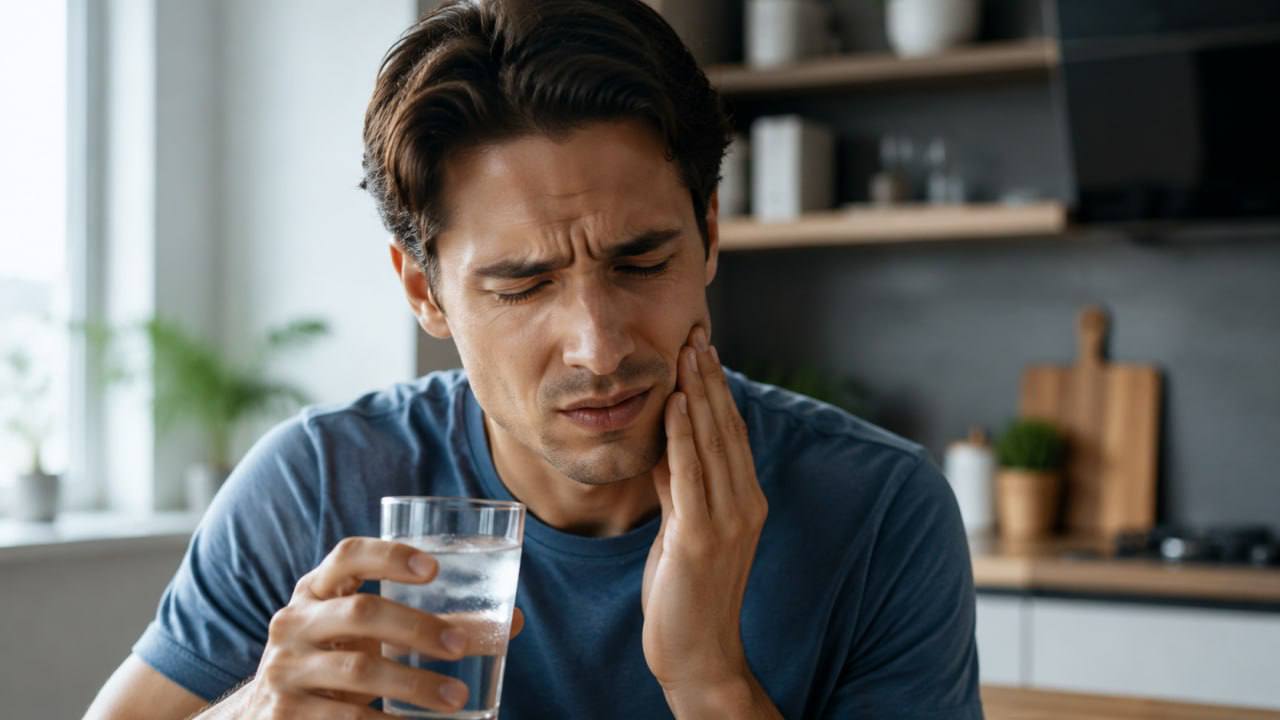 Man feeling tooth pain while drinking water