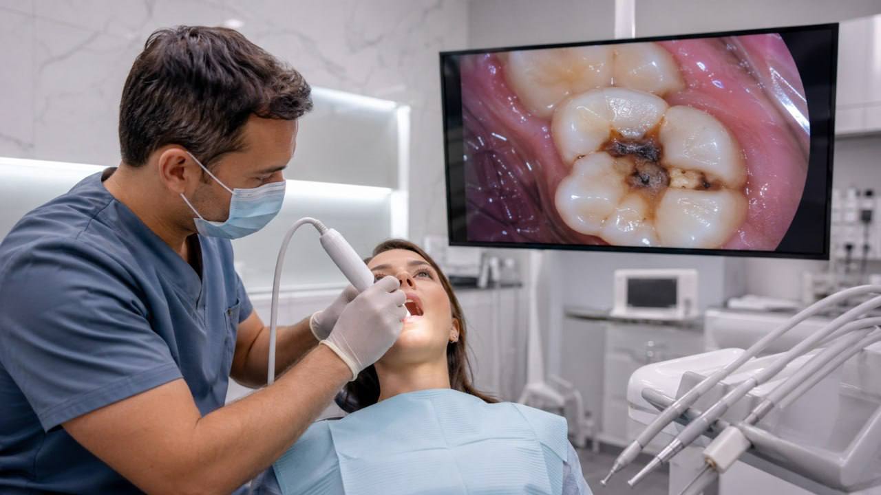 Dentist examining cavity with digital camera