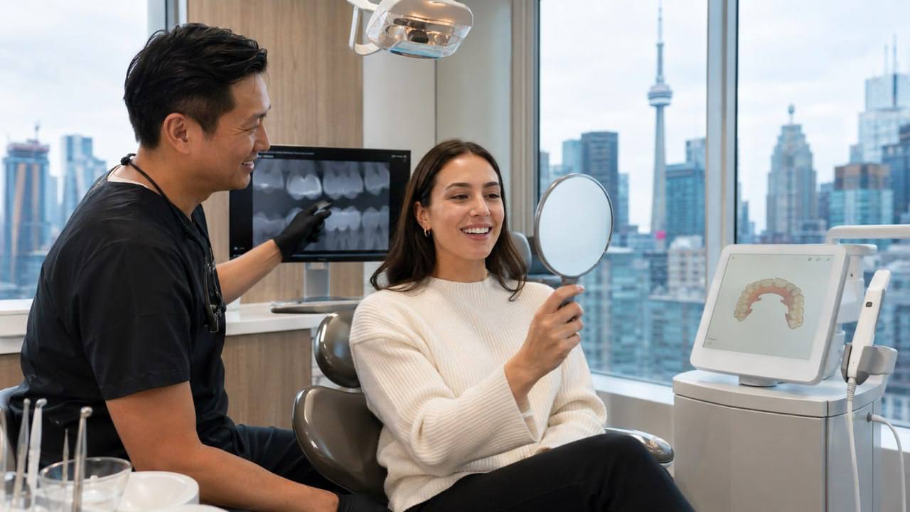 Patient checking smile after dental filling