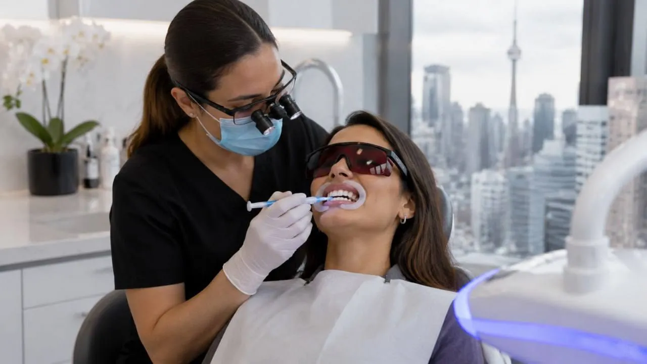 Dentist applying whitening gel during treatment