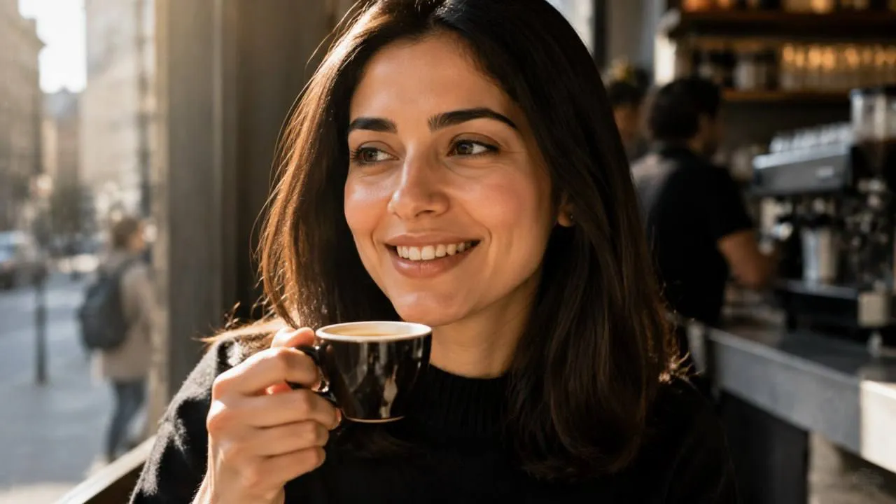 Woman smiling with coffee after whitening