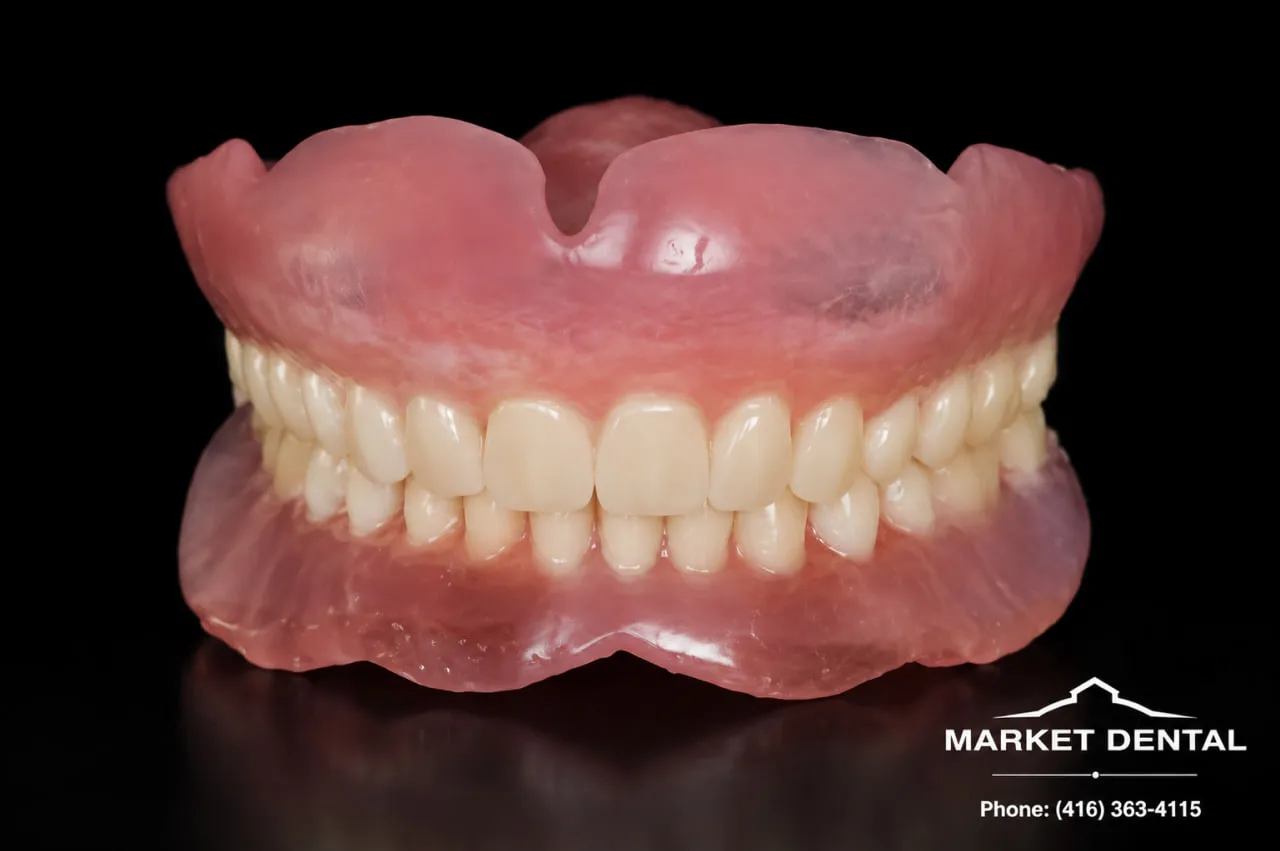 Full dentures displayed on black background