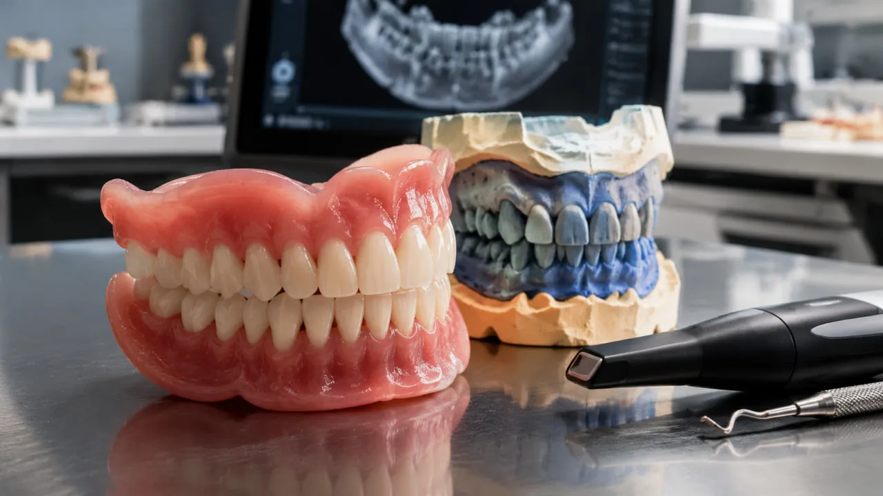 Dentures beside dental model and tools