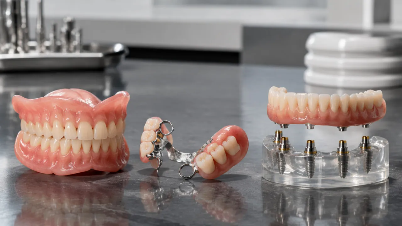 Three denture options on dental lab table