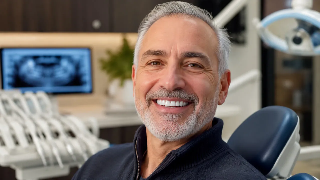 Happy patient with new dental implants