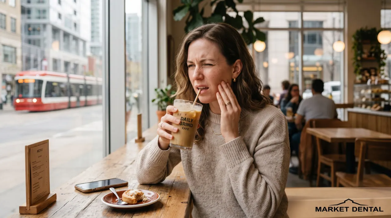 Woman experiencing tooth pain after drinking a cold beverage