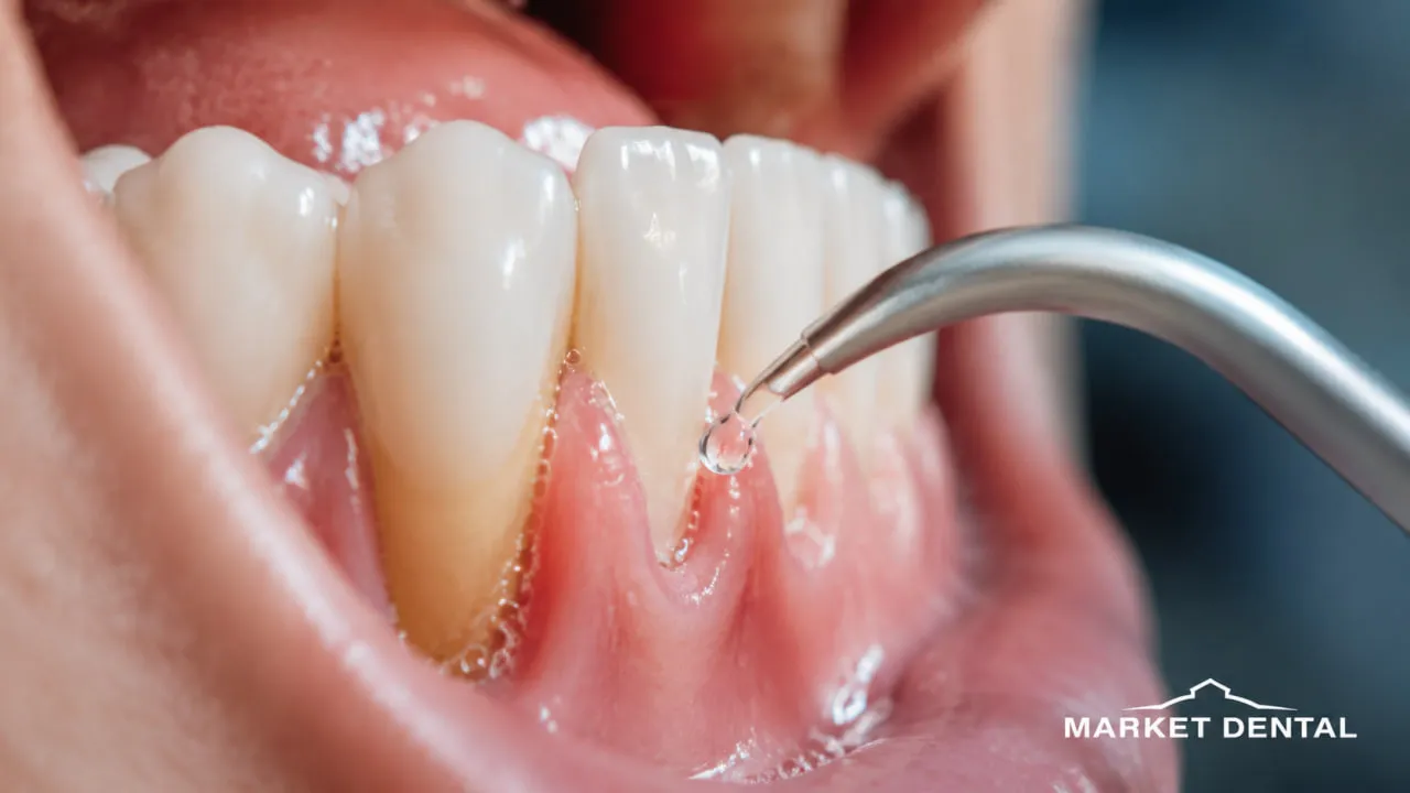 Dentist performing a deep cleaning procedure near the gumline