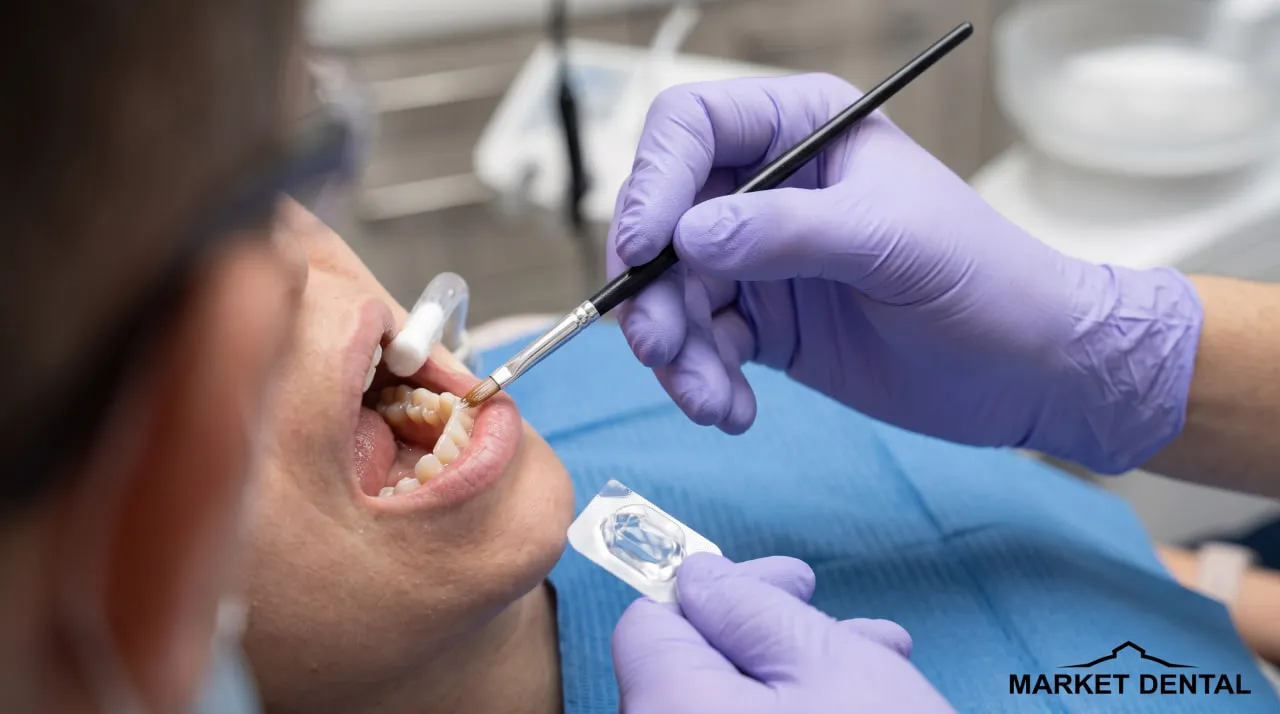 Dentist applying filling material to repair a damaged tooth