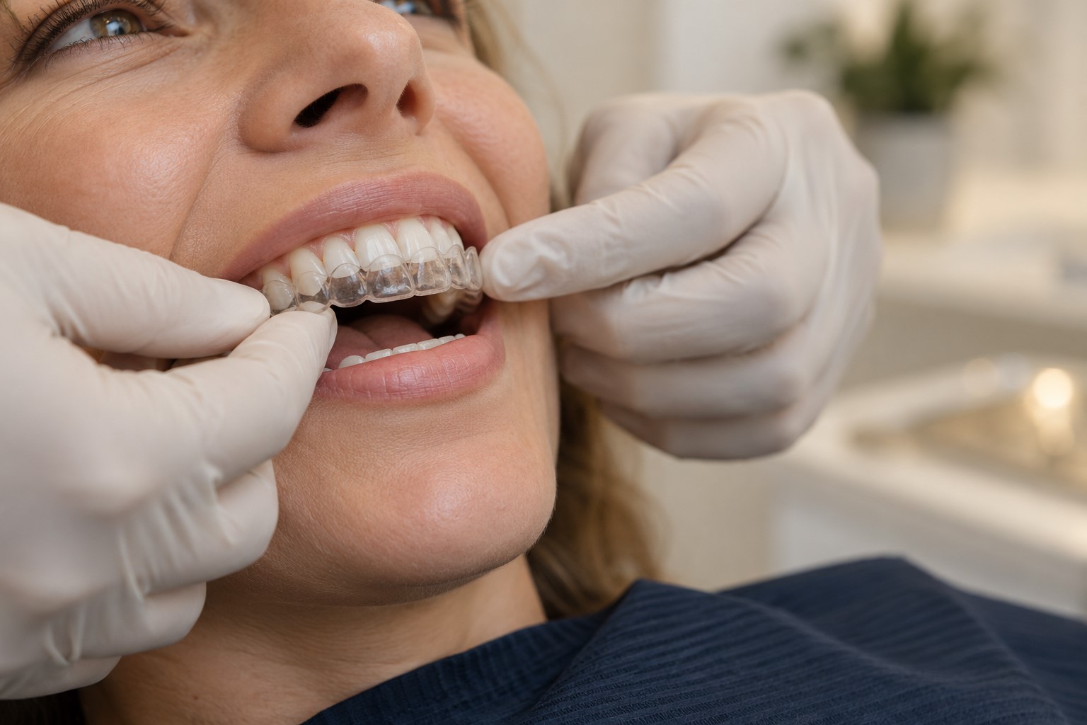 Clear aligner being gently fitted over a patient’s upper teeth