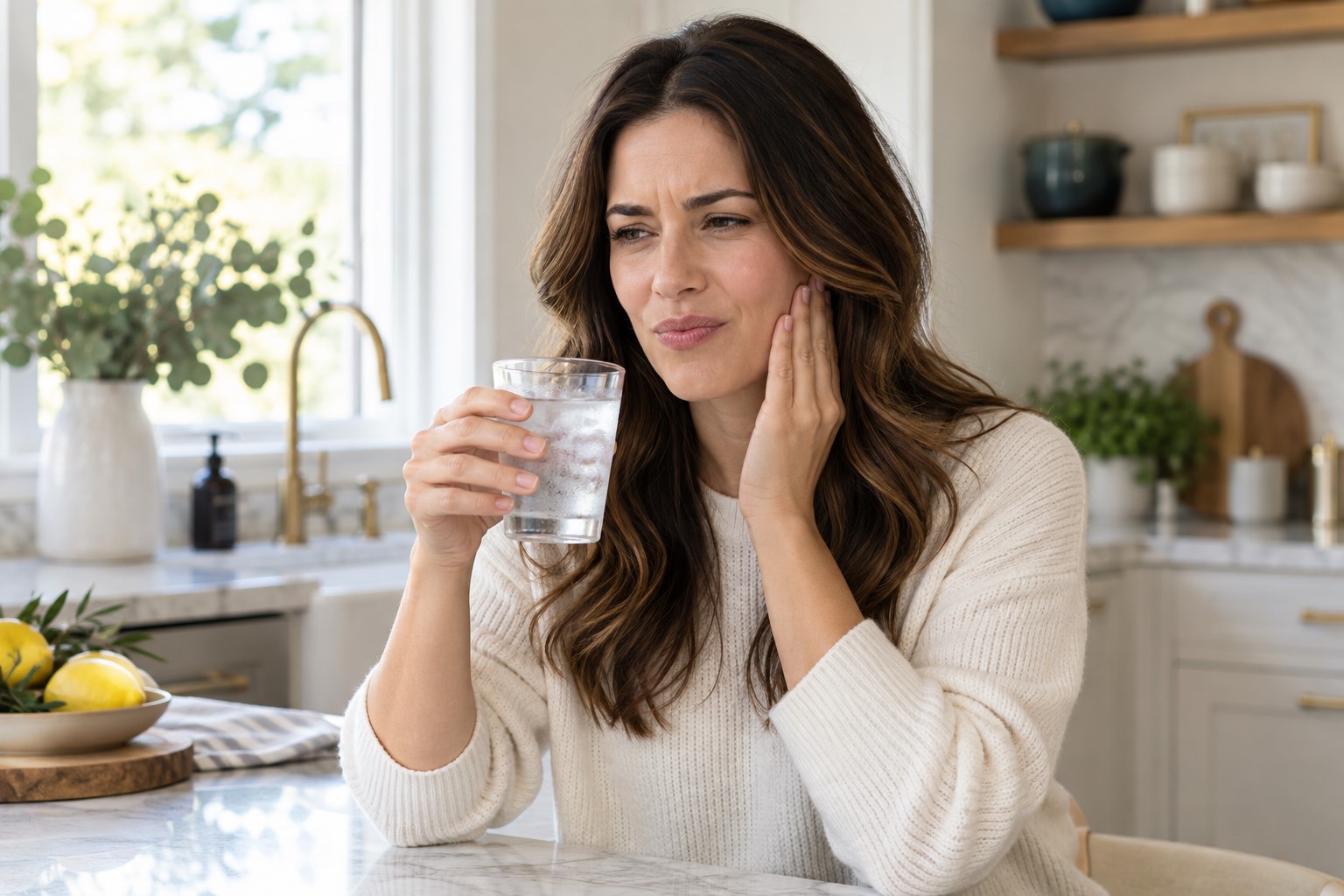 Woman experiencing tooth sensitivity after drinking cold water