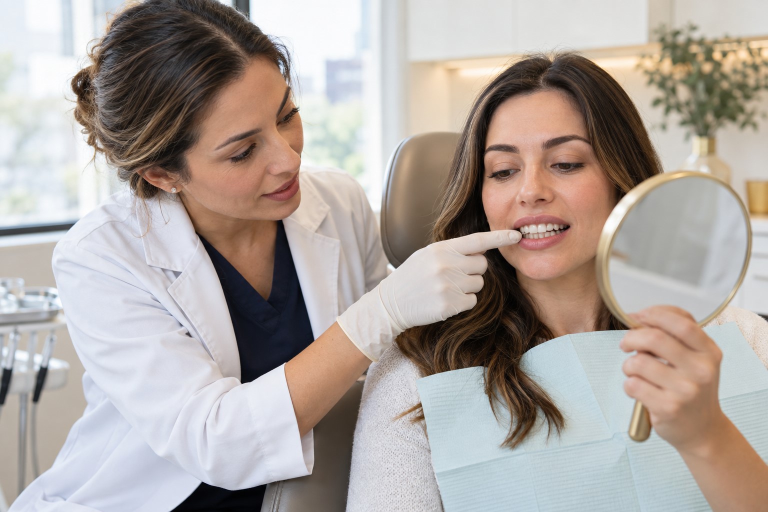 Dentist examining a small chip on a patient’s front tooth