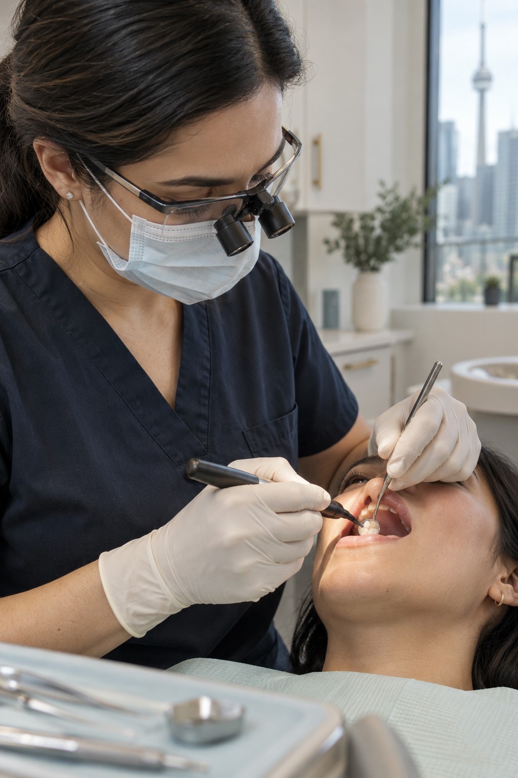 Dentist examining a tooth for a cavity before placing a dental filling