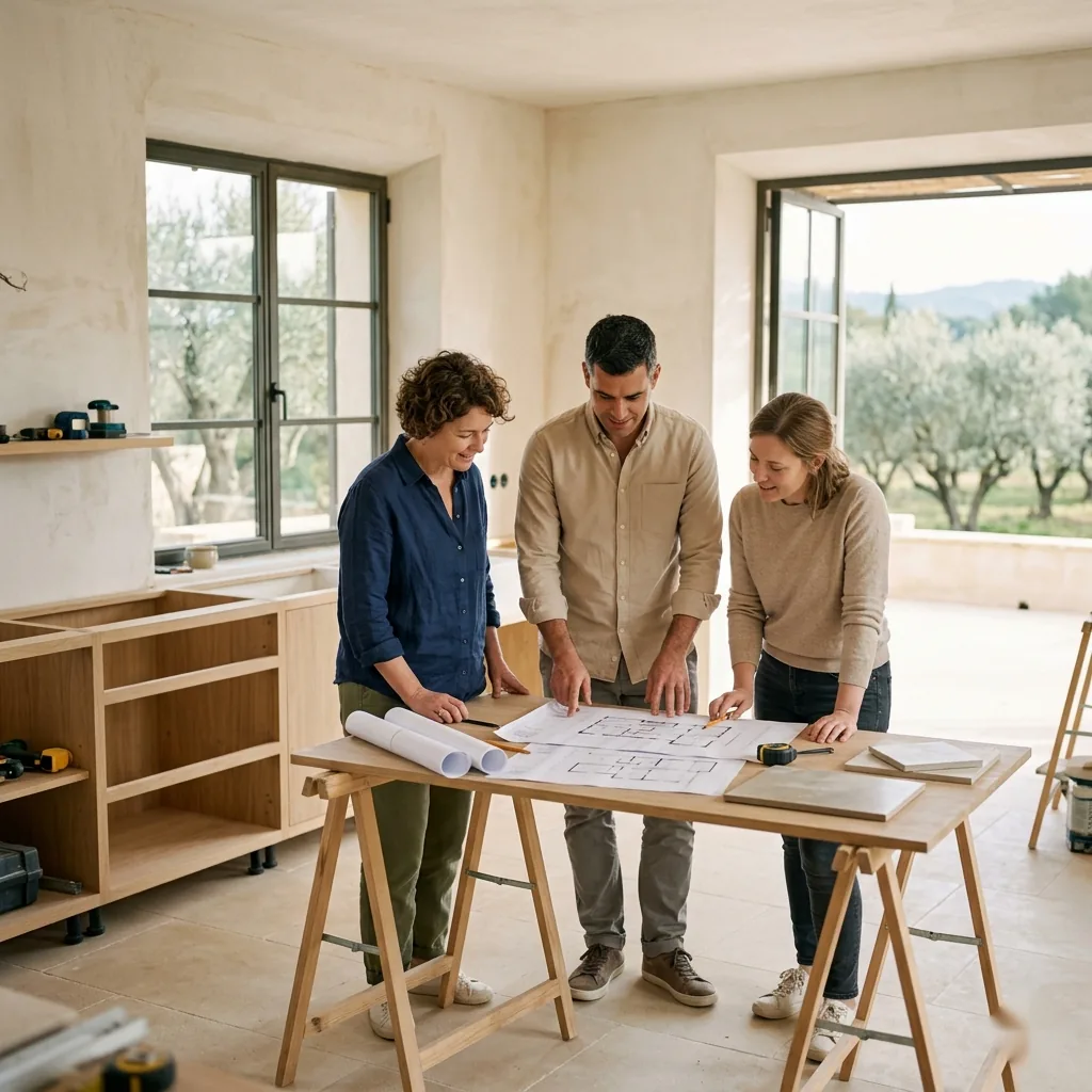 Future House team reviewing renovation plans on site in a Mediterranean home